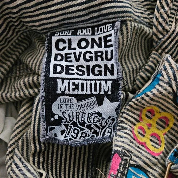 Clone Devgru Design Vintage Mens M Hickory Stripe Graphic Patch Short Overalls - Picture 8 of 8